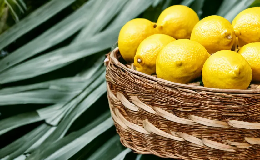 Image similar to a basket of lemons, surrounded by palm leaves, photography