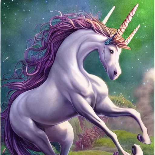 Prompt: A stunningly beautiful mystical unicorn :: hyperdetailed :: hyper realistic :: by Ghibli Studio :: in the style of Fantasy Art