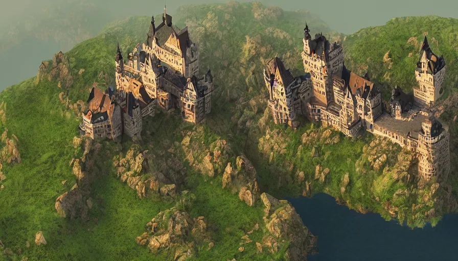Prompt: Huge German castle built on the edge of a green cliff with water behind, hyperdetailed, artstation, cgsociety, 8k