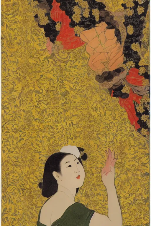 Image similar to an asian woman emerges from yellow wallpaper decorated with sensual feminine faces by charles walter stetson