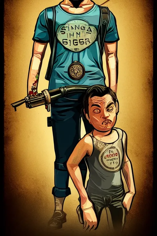 Prompt: boy with singlet tshirt and towel on shoulder. bioshock art style, grand theft auto chinatown art style, pop art, proportional, digital arts, artstation, concept arts, smooth, sharp focus, illustration, intricate, hyperdetails, art by banksy and mimmo rottela, pixels art by paul robertson