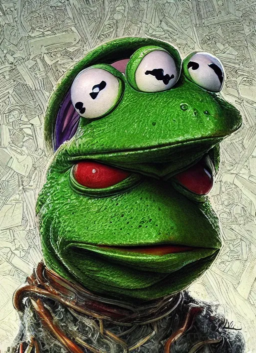 Image similar to portrait of Kermit the frog in The Thing (1982), intricate, highly detailed, centered, studio background, digital painting, artstation, concept art, smooth, sharp focus, illustration, artgerm, donato giancola, Joseph Christian Leyendecker, WLOP, Artgerm