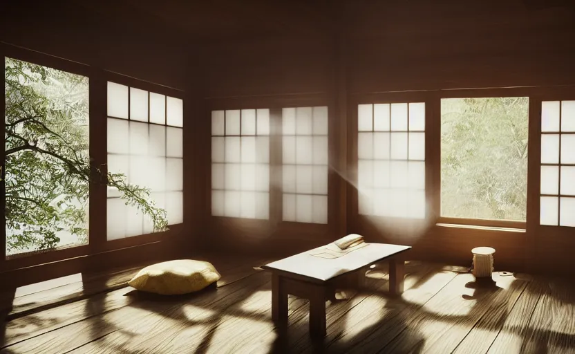 Prompt: interior view of a Japanese herbalist cottage, waxy candles, books, flowers, wood furnishings, light bloom, dust, ambient occlusion, rays of light coming through windows, trending on artstation