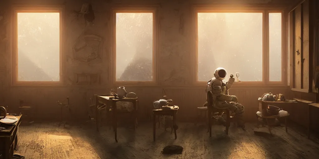 Image similar to a cosmonaut in a spacesuit drinks a steaming cup of tea alone at an old wooden desk in a richly decorated keral house. the autumn light comes in through a window and dimly illuminates the room, diffuse light, octane render, 4k, matte painting