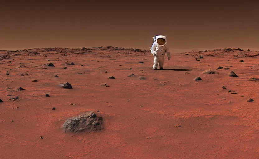 Image similar to studio photography of an astronaut standing on planet mars, photorealistic, highly detailed, 8 k rez, ultra hd, smooth, sharp focus