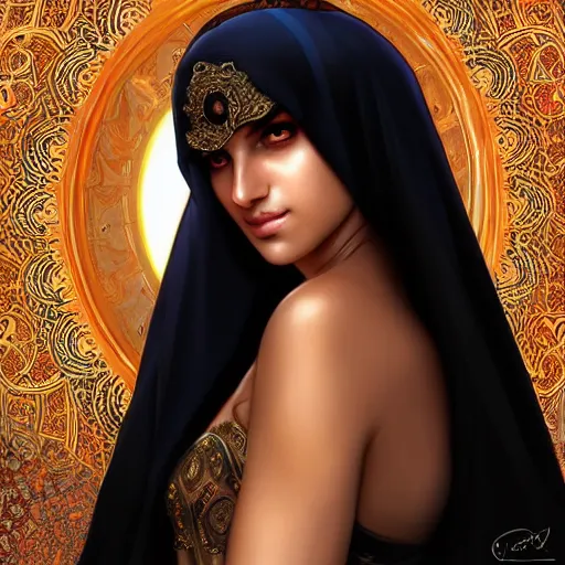 Image similar to Portrait of very very very very very very beautiful Arab woman, Niqab, glowing magical eyes, intricate, elegant, highly detailed, digital painting, artstation, concept art, smooth, sharp focus, illustration, art by artgerm and greg rutkowski and alphonse mucha