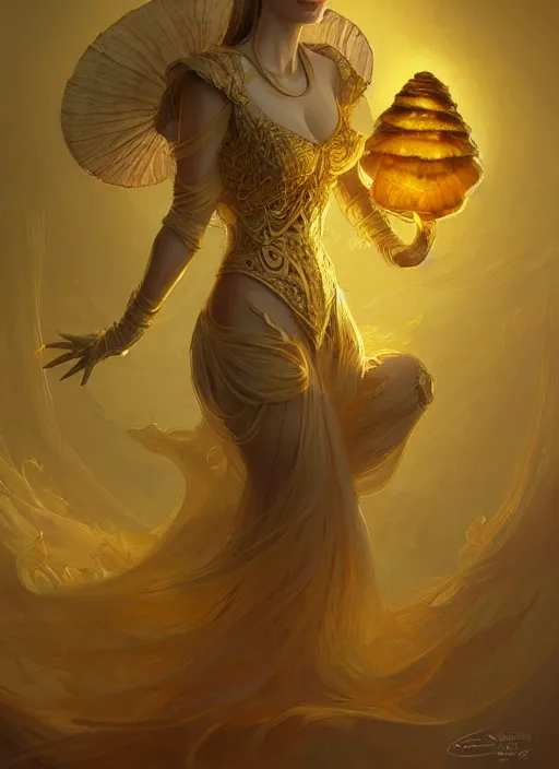 Image similar to yellow mushroom queen, d & d, fantasy, intricate, elegant, highly detailed, digital painting, artstation, concept art, matte, sharp focus, illustration, hearthstone, art by artgerm and greg rutkowski and alphonse mucha