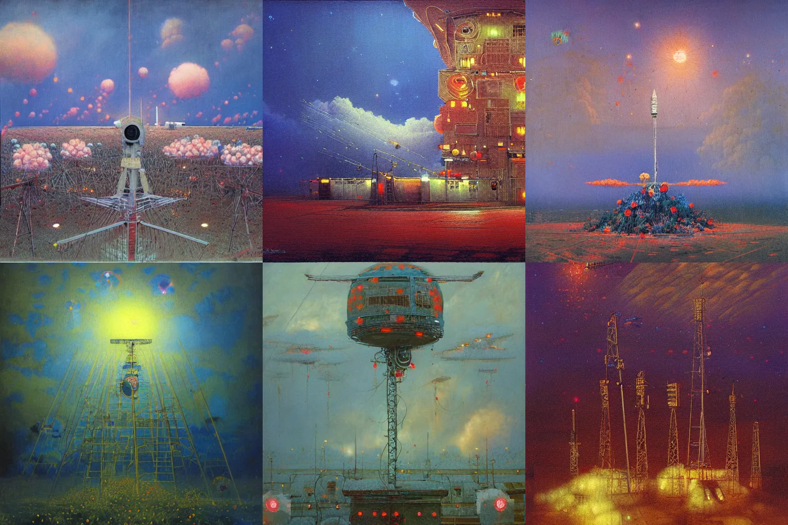 Image similar to detailed painting of a satellite station, exterior, floral ornaments, volumetrics lights, beam of bright lights through the clouds, beksinski, bougeureau