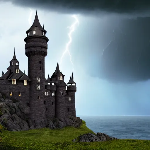 Image similar to dark stormy towering castle with lots of turrets on a cliff, thunder and lightning, atmospheric fantasy