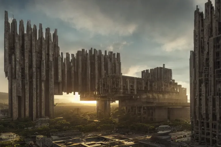 Image similar to an enormous, extremely detailed cathedral of brutalist architecture, covered with greebles, stunning volumetric light, sunset, metal, concrete and translucent material, stunning skies, majestic landscape, trending on Artstation, 8k, photorealistic, hyper detailed, unreal engine 5, IMAX quality, cinematic, epic lighting, in the style of Greg Rutkowski