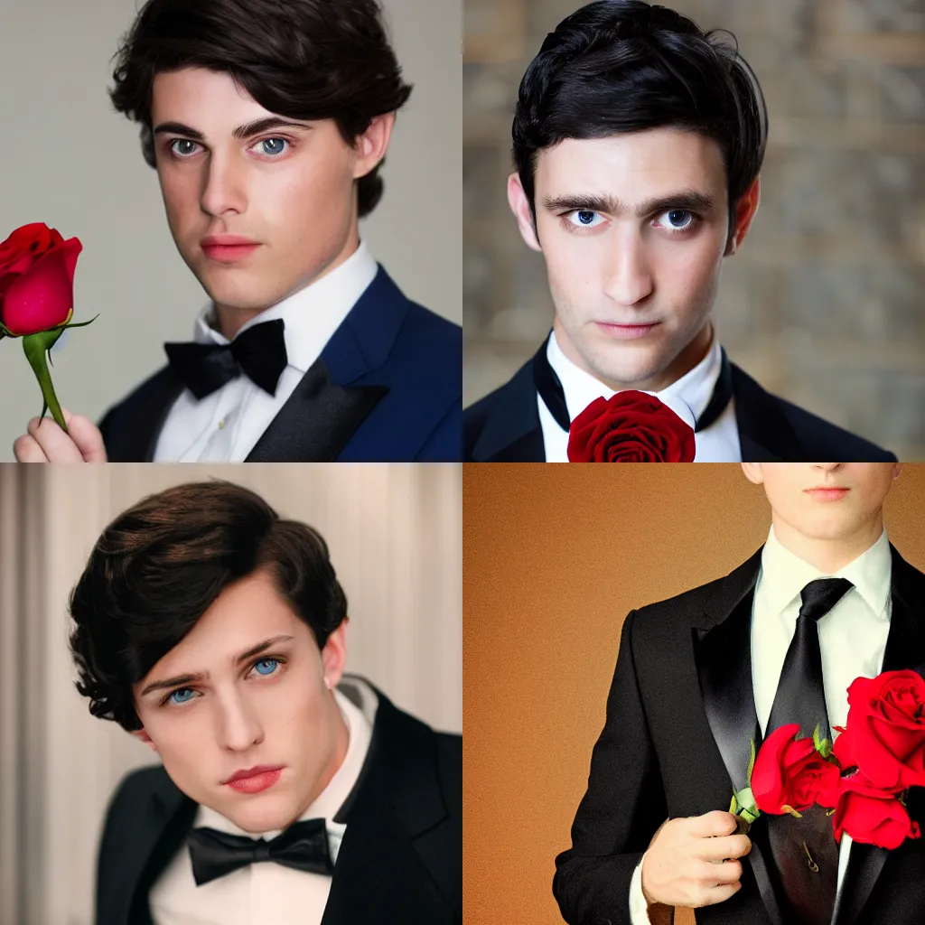 Prompt: handsome young man with dark hair and blue eyes in a tuxedo with a red rose in his lapel, looking into the camera with a smoldering gaze