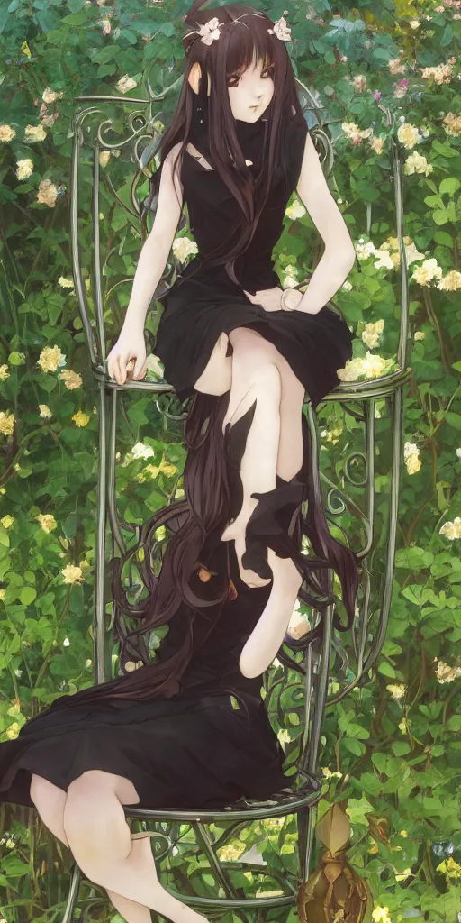 Image similar to a loli with long hair in a black dress sitting on a metal garden chair in the privet garden at afternoon, green and warm theme, back lighting, highly detailed, by krenz cushart and mucha and akihito yoshida and greg rutkowski and makoto shinkai, detailed eyes, 4 k resolution, trending on art station