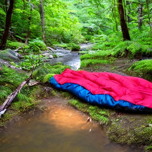 Prompt: a sleeping bag by a small creek in a forest