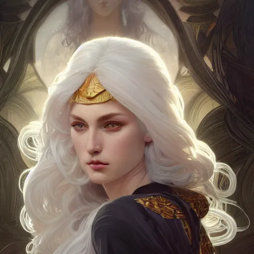 Image similar to god and goddess, white hair, long hair, gorgeous, amazing, elegant, intricate, highly detailed, digital painting, artstation, concept art, sharp focus, illustration, art by artgerm and greg rutkowski and alphonse mucha