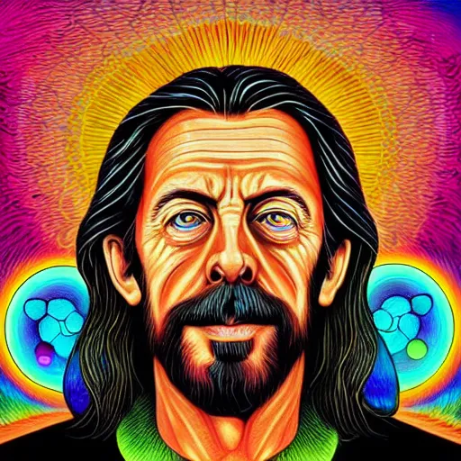 Image similar to alan watts in the style of alex grey