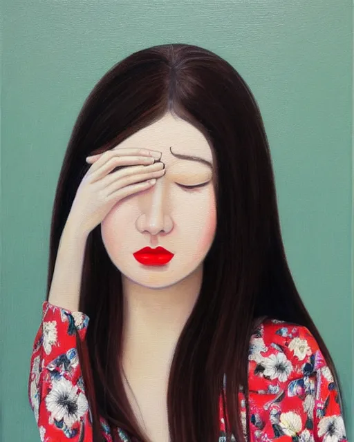 Prompt: a portrait of a cute modern woman with long dark hair, straight hair, she has tired eyes, eye bags, small and thick red lips, slight smile, she's wearing a floral print blouse, button nose, round face, soft chin, chubby cheeks, strong jawline, oil on canvas, very detailed oil painting, beautiful, average woman, art by greg rutkowski