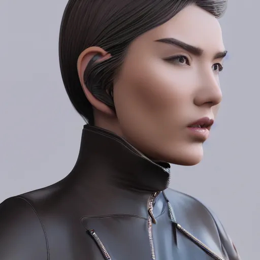 Image similar to a 3 d render of a female wearing a skintight leather jacket, trending on artstation, artstationhd, artstationhq, cycles render, octane render, unreal engine, beautiful! coherent!, intricate, elegant, highly detailed, perfect face, artwork by tooth wu and wlop and beeple and greg rutkowski