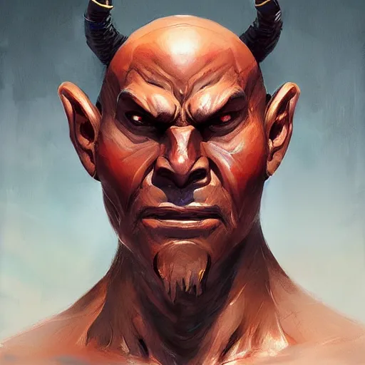 Image similar to A head-on detailed oil portrait of muscular martial artist wearing oni mask by greg rutkowski and artgerm, trending on artstation, dungeons and dragons art