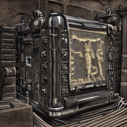 Prompt: Steam computer in ancient time used by ape, highly detailed, highly realistic, artstation, by Hans Giger