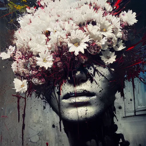 Prompt: a painting by jeremy mann of a white robot head with flowers growing out, highly detailed, color bleeding, pixel sorting, plain black background, studio lighting, high contrast, bold composition, abstract paint color splotches