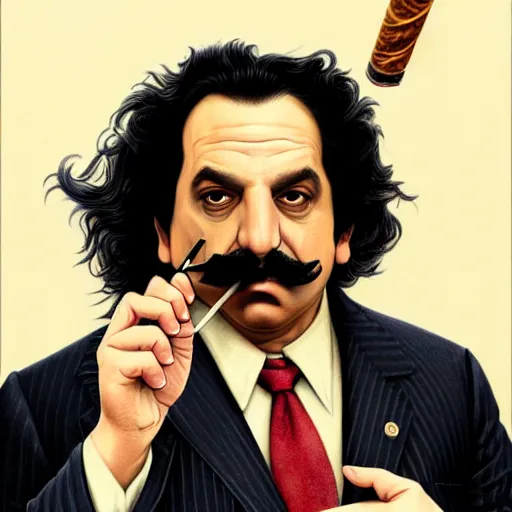 Image similar to handsome Ron Jeremy as President of United States of America as GTA character smoking a cuban cigar, sci-fi fantasy, closeup, D&D, intricate, elegant, highly detailed, digital painting, artstation, concept art, matte, sharp focus, illustration, art by Artgerm and Greg Rutkowski and Alphonse Mucha