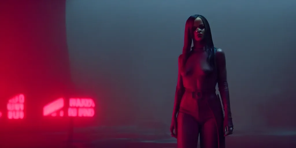 Image similar to film still of rihanna in blade runner 2 0 4 9, wearing clothes, cinematic, moody, gritty neon noir