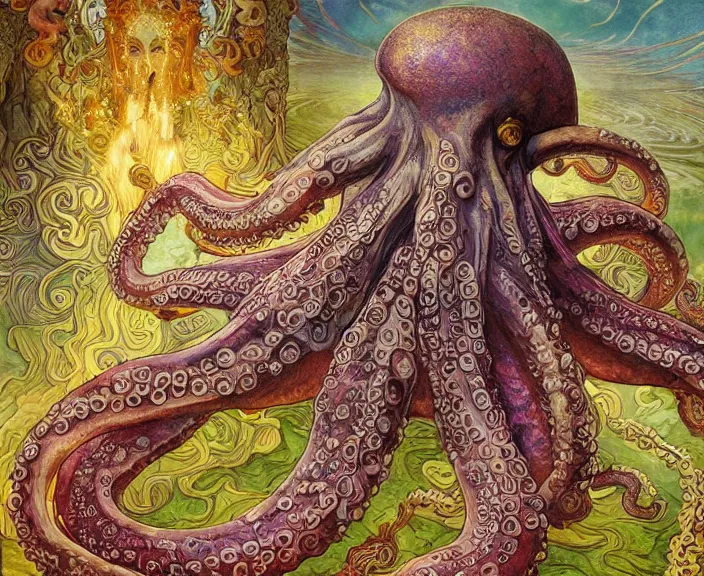 Image similar to portrait of an octopus goddess, full body shot, rule of thirds, wide angle, amazing landscape in background, fantasy, whimsical, horror, art by riot games and chengwei pan and josephine wall and amanda sage and alphonse mucha, intricately detailed, highly detailed, luxurious, elegant, clean, unsettling, trending on artstation