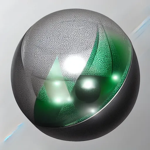 Prompt: a round shiny metal sphere with two triangular green eyes in it