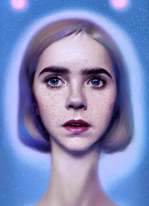 Image similar to portrait of kiernan shipka with freckles, white hair, 1 9 6 0 s bob hairstyle with bangs and hairband, blue 1 9 6 0 s dress, intricate, elegant, glowing lights, highly detailed, digital painting, artstation, concept art, smooth, sharp focus, illustration, art by wlop, mars ravelo and greg rutkowski