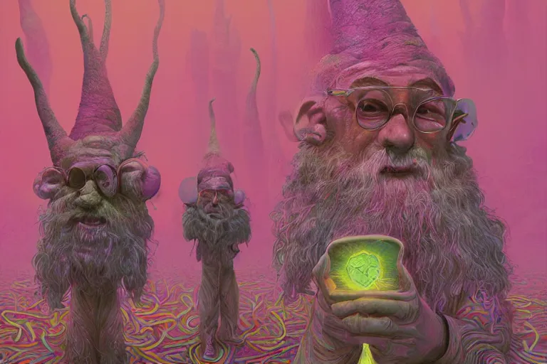 Image similar to hyperdetailed psychedelic horror fantasy portrait of gnomes by wayne barlowe and beeple, vivid color, album cover,