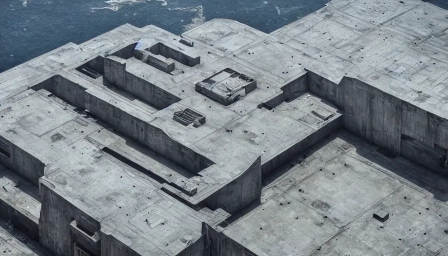 Prompt: big brutalist imperial military base on cliffs, drawing architecture, very long shot, top angle, imperial architecture in rogue one, pritzker architecture prize, brutalism architecture, jan urschel