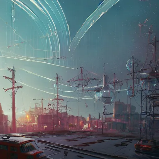 Image similar to A city trapped in a giant transparent dome, bubbles, cinematic lighting, insanely detailed, artstation, cgsociety, painted by Simon Stalenhag, concept art, illustration, sharp focus,