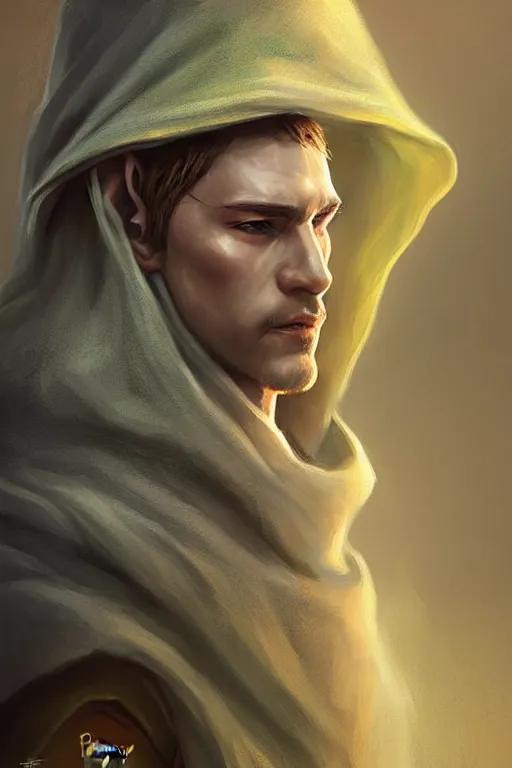 Prompt: beautiful, digital art, portrait painting of a male elf wizard, wearing linen hooded cloth. forest background. artstation, by bartek fedyczak, erak note, tooth wu, neil richards, kan liu, siwoo kim, jisu choe