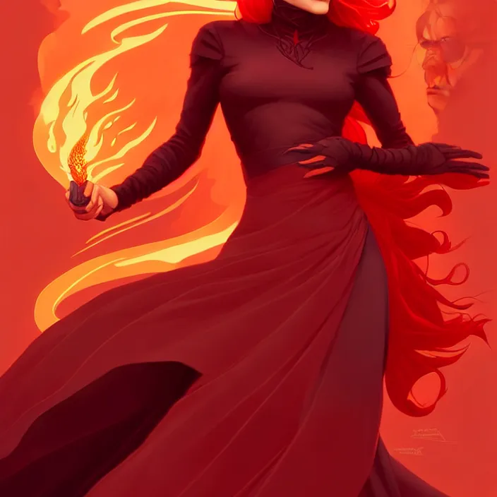 Prompt: style artgerm, joshua middleton, gerald brom, beautiful kristen bell with dark red dress, very long orange hair, symmetrical face, symmetrical eyes, fire powers fire swirling, detailed, volcano setting, cinematic lighting