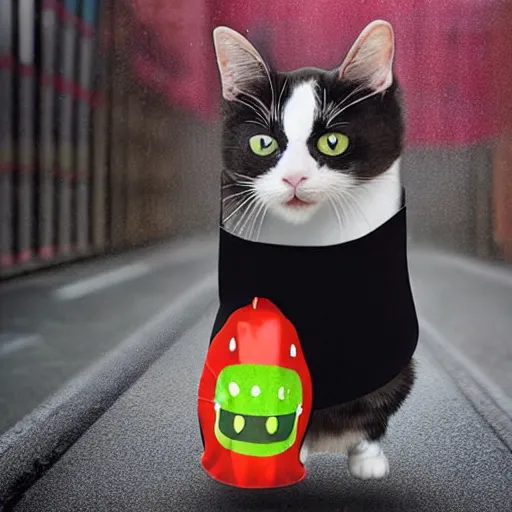 Prompt: a crying cat in the middle of a wet street while wearing a funny pickle costume, android photograph, meme picture