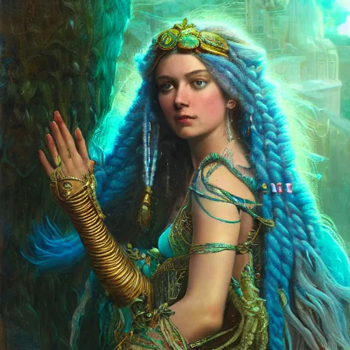 Prompt: octane render, artstation, 8 k, intricate detail, hyper detail, portrait by gaston bussiere, greg rutkowski, sandro botticelli, tan lady of elche egyptian sumerian techno mystic goddess princess intergalactica inanna with aqua neon rapunzel dreadlocks,