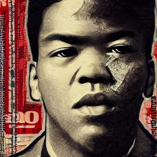 Image similar to joe louis on dollar bill by basquiat, trending pixiv fanbox, acrylic palette knife, style of makoto shinkai takashi takeuchi yoshiyuki sadamoto, fantasy character portrait, ultra realistic vfx, intricate details, artifacts, highly detailed,, highly detailed, cinematic lighting, unreal