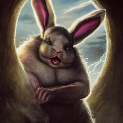 Image similar to hyper realistic, lord of the rings, portrait of a mega derpy john candy, big chungus, with bunny ears, stoned, by greg rutkowski, scott m fischer, artgerm, loish, slight glow, atmospheric, anne stokes, alexandros pyromallis