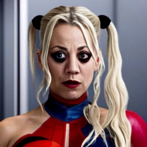 Image similar to A still of Kaley Cuoco as Harley Quinn