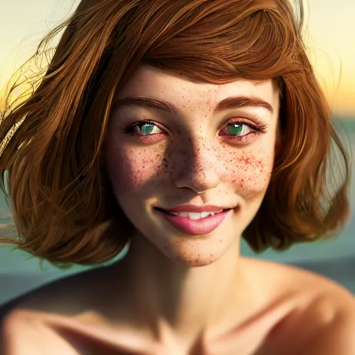 Image similar to portrait of a cute thin young woman, bronze brown hair, eye color is emerald green, red blush, cute freckles, smug smile, modern clothes, relaxing on the beach, golden hour, close up shot, 8 k, art by irakli nadar, hyperrealism, hyperdetailed, ultra realistic