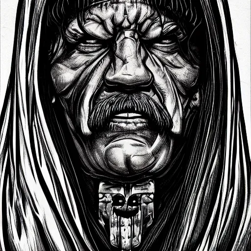 Image similar to Danny Trejo as church nun, dark fantasy, highly detailed, artstation, manga illustration by Kentaro Miura berserk