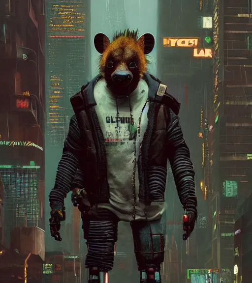 Image similar to new york city portrait of furry anthro anthropomorphic spotted hyena head animal person fursona wearing clothes strange cybernetic muzzle gloomy rainy screenshot from the video game cyberpunk 2077 digital art by Greg Rutkowski, Simon Stalenhag, christopher nolan trending on Artstation, CGSociety