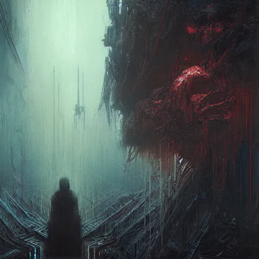 Image similar to cyberpunk nightmare by gustave dore and gustave moreau and beksinski and giger and craig mullins and jeremy mann