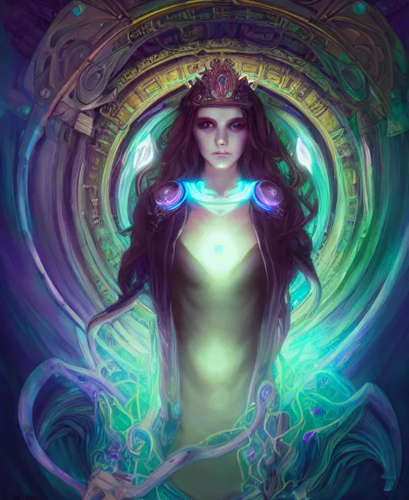 Image similar to whirlwind souls inside metaverse, half body, glowin eyes, tiara, pharaoh, forest, mushrooms, antiques, cyberpunk face, by loish, d & d, fantasy, intricate, elegant, highly detailed, colorful, vivid color, digital painting, artstation, concept art, art by artgerm and greg rutkowski and alphonse mucha and ruan jia