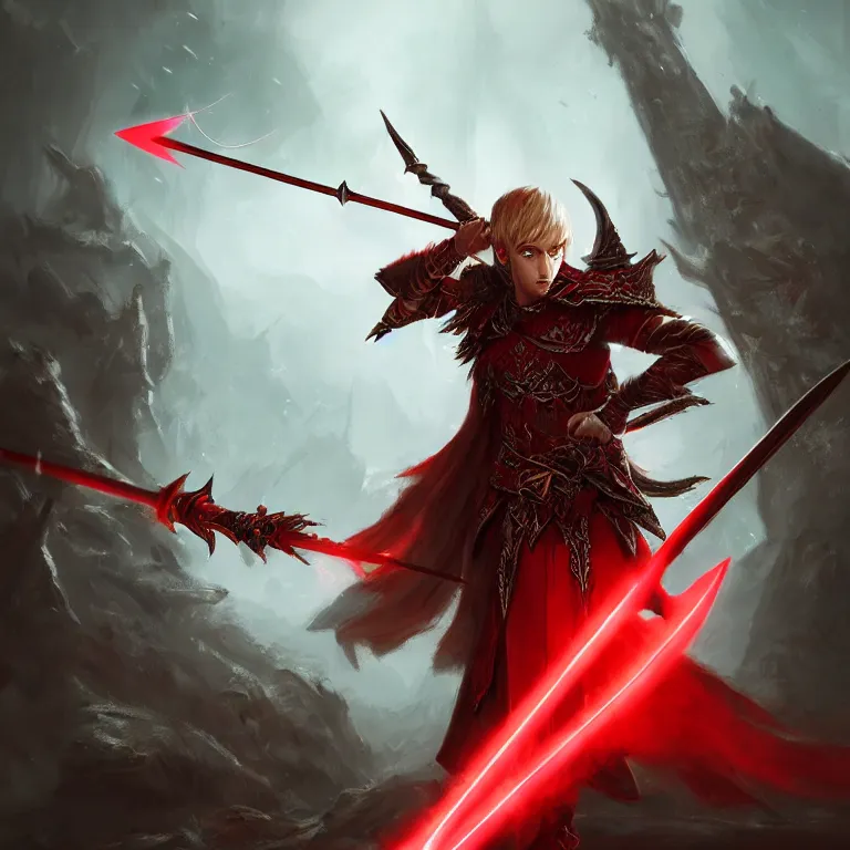 Image similar to A fantasy warrior elf having glowing red eyes. Holding bow and arrow. Wearing armor. Intricate. Elegant portrait with gloomy cinematic background. Sharp focus. Concept art by Tian Zi