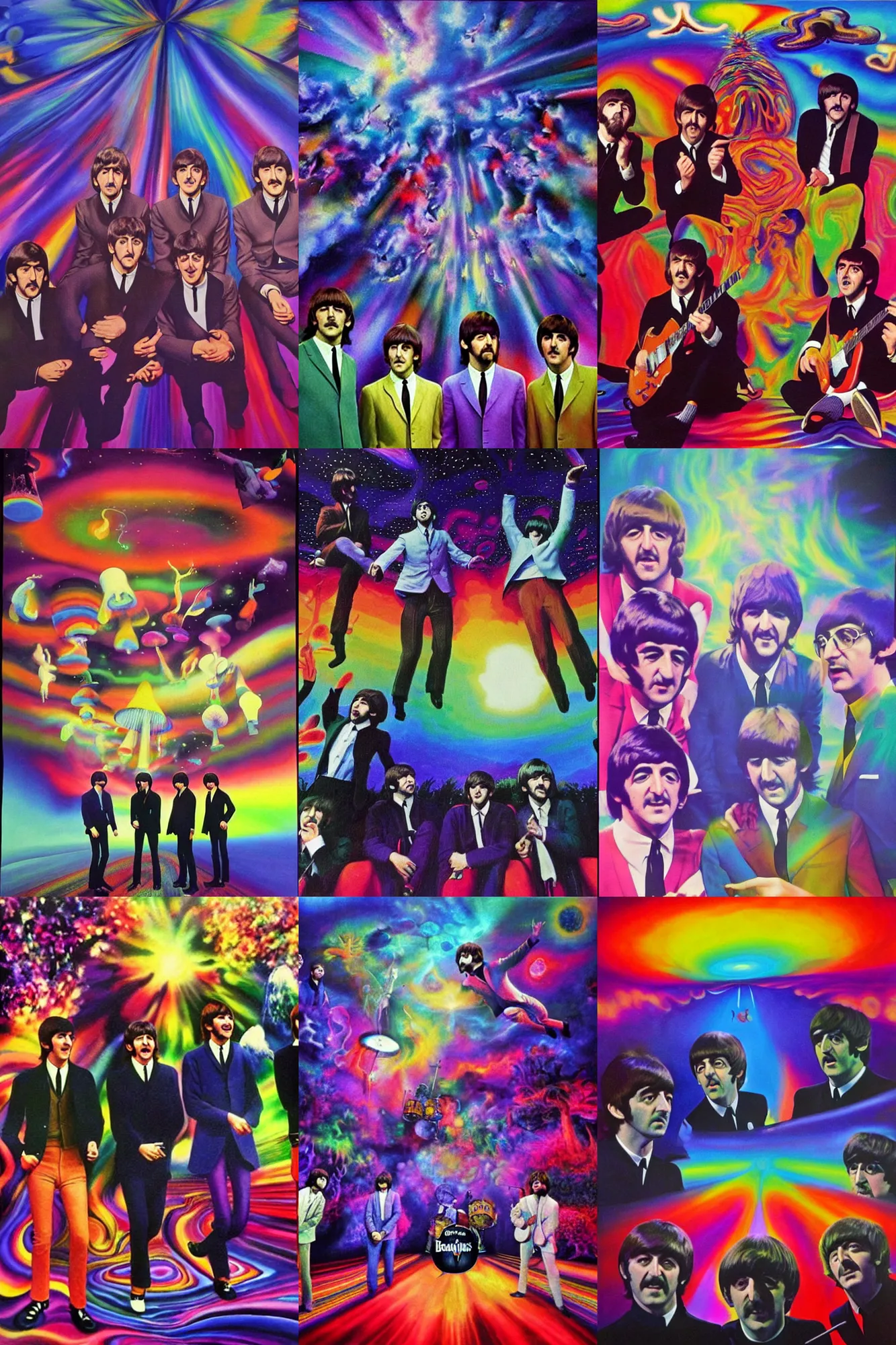 Prompt: the beatles on magic mushrooms looking at hallucinations in the sky at the apple studios, photorealistic painting, volumetric light, very dizzy and colorful and psychedelic