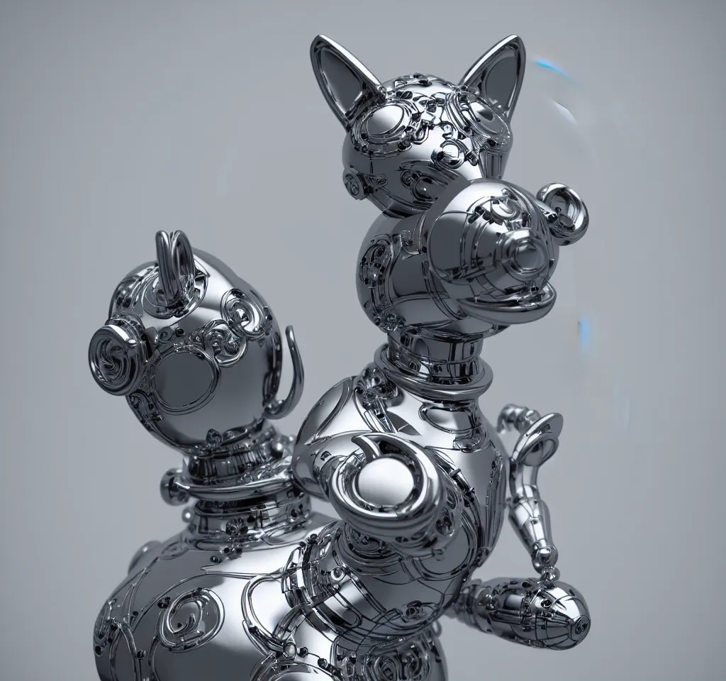 Image similar to a modern cybernetic cat made from porcelain and steel, insane reflexions, pastel colored, daylight, peaceful, 8 k, ambient occlusion, octane render