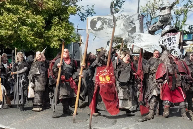 Image similar to cellphone photograph of lord of the rings uruk - hai and orcs protesting the working conditions at a mcdonalds parking lot in the daylight. dirty mcdonalds uniforms, aprons. picket signs and battleaxes in hand