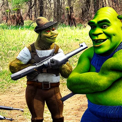 Image similar to shrek engaged in militia combat