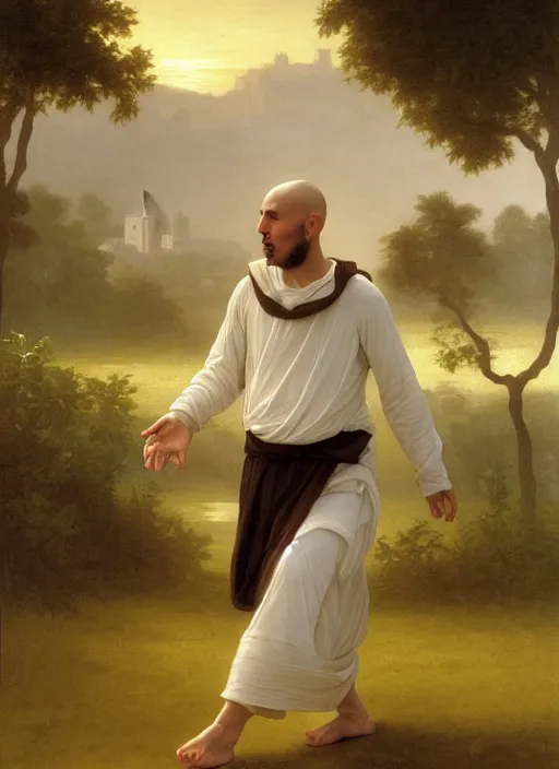 Image similar to oil painting portrait of a tonsured dominican monk in a white and brown habit, striding dancing through a flourishing garden at sunset with a monastery in the background, hazy, digital art, chiaroscuro, artstation, cinematic, golden hour, digital art painting by greg rutkowski, william - adolphe bouguereau, hazy atmosphere, flowers, cinematic lighting